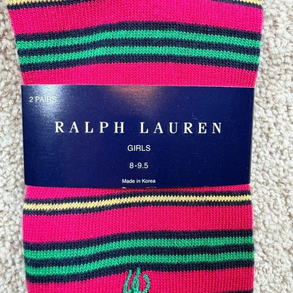Ralph Lauren Girls 2 Pack Crew Socks Navy Pink Striped Size 8-9.5 Shoe 13-3 NEW